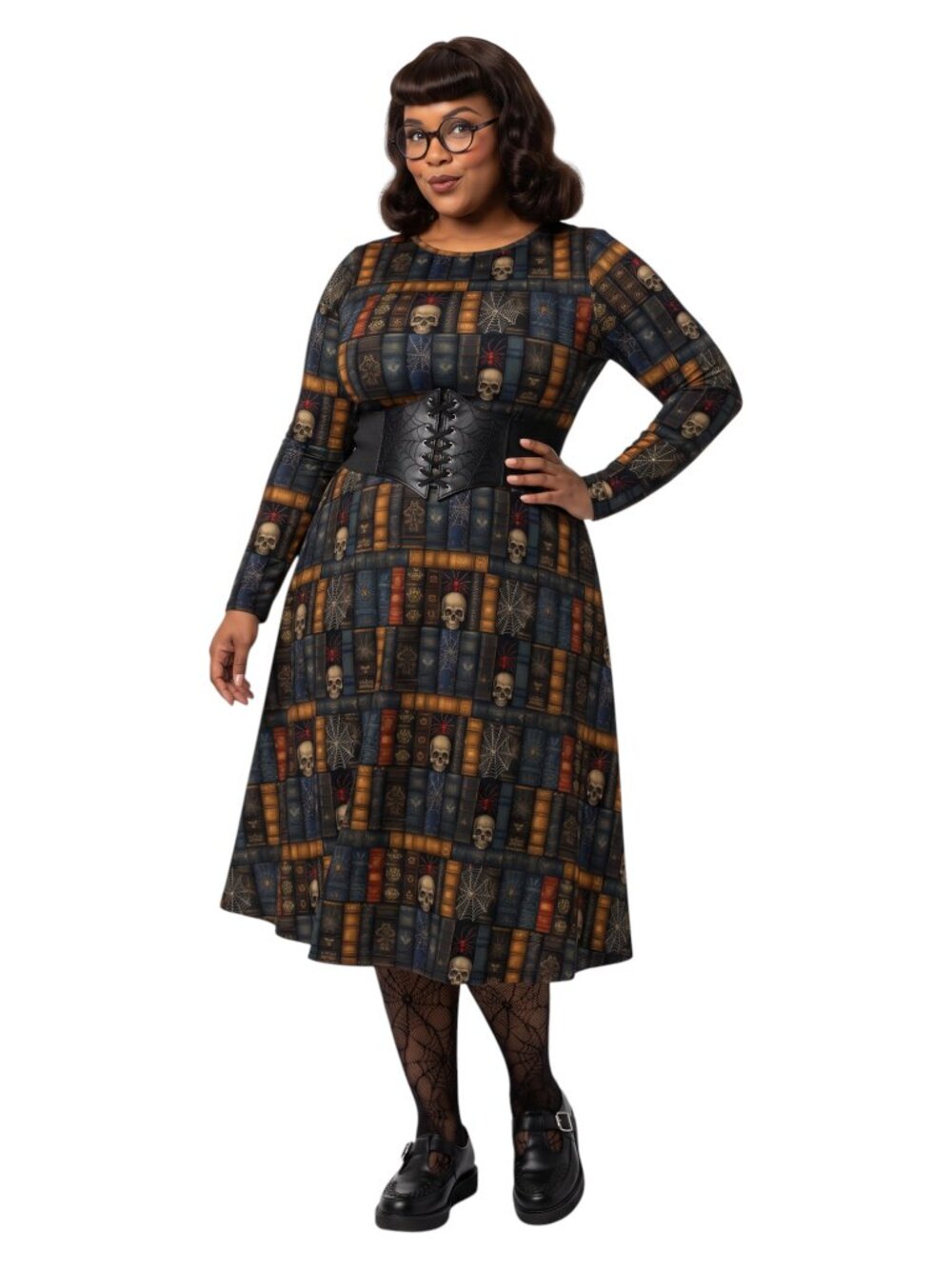 Gothic Dark Academia Book & Skull Midi Dress with Pockets